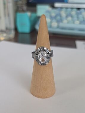 Bp_"The Clarissa"Hematite Silver Oval Halo Cocktail Ring with Clear Center Stone
